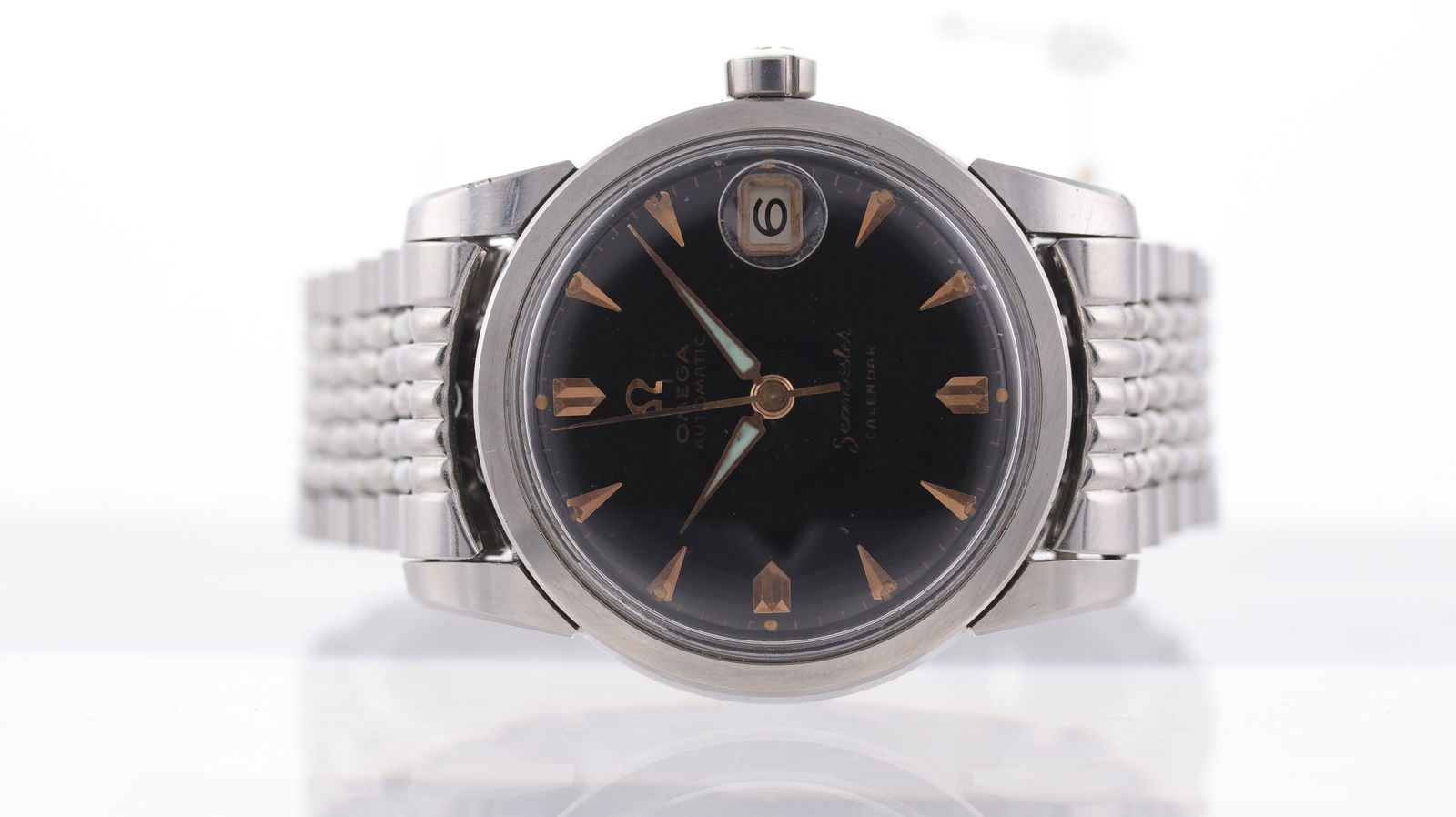 Vintage Omega Seamaster Calendar Ref 2849 Circa 1958: Brand: Omega Model Name: Seamaster Calendar Reference: 2849 Movement type: Automatic Movement calibre: Omega 503 Year: Circa 1958 Dial shape: Circular Dial colour: Black Dial features: Rose gold baton