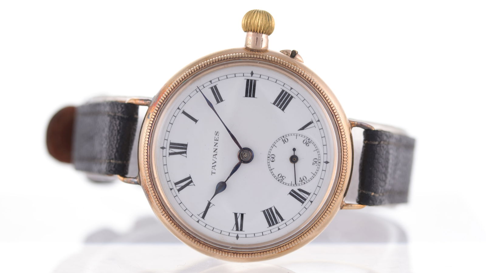Vintage Rare Tavannes Hermetic Trench Watch 9ct Gold Circa 1917: Brand: Tavannes Model Name: Hermetic Trench Watch Movement type: Manual Wind Year: Circa 1917 Dial shape: Circular Dial colour: White Dial features: Enamel dial with roman numeral hour markers, therma