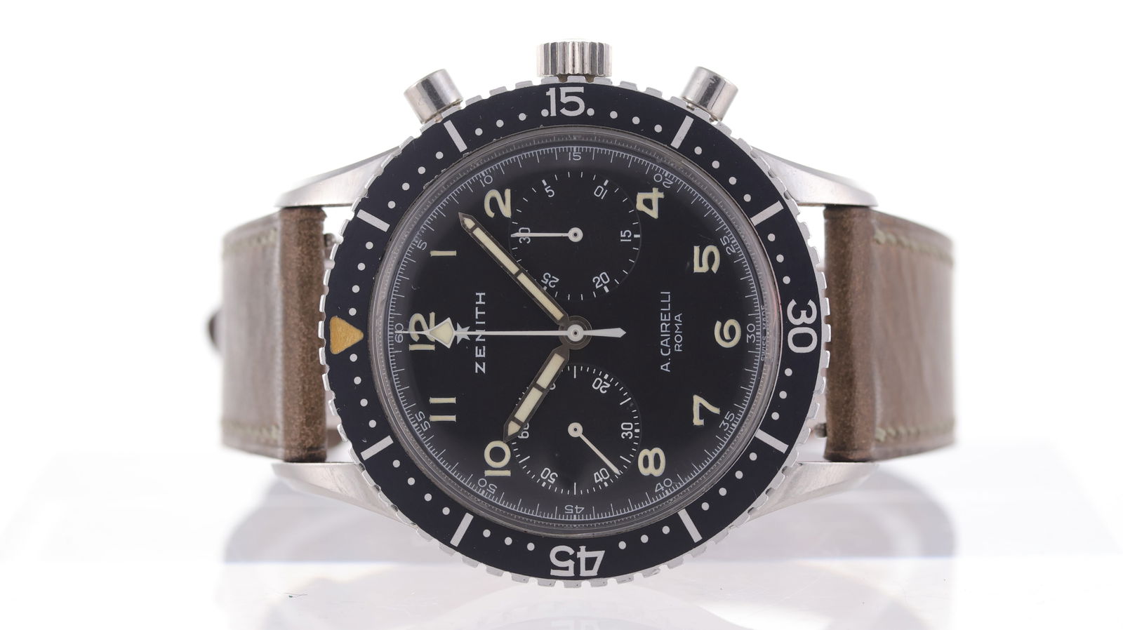 Rare Zenith A.Cairelli Tipo CP-2 AMI Italian Navy Military Watch Circa 1960's: Brand: Zenith Model Name: A.Cairelli Tipo CP-2 AMI Italian Navy Movement type: Manual Wind Movement calibre: Zenith 146 DP Year: Circa 1960's Dial shape: Circular Dial colour: Black Dial features: Ara