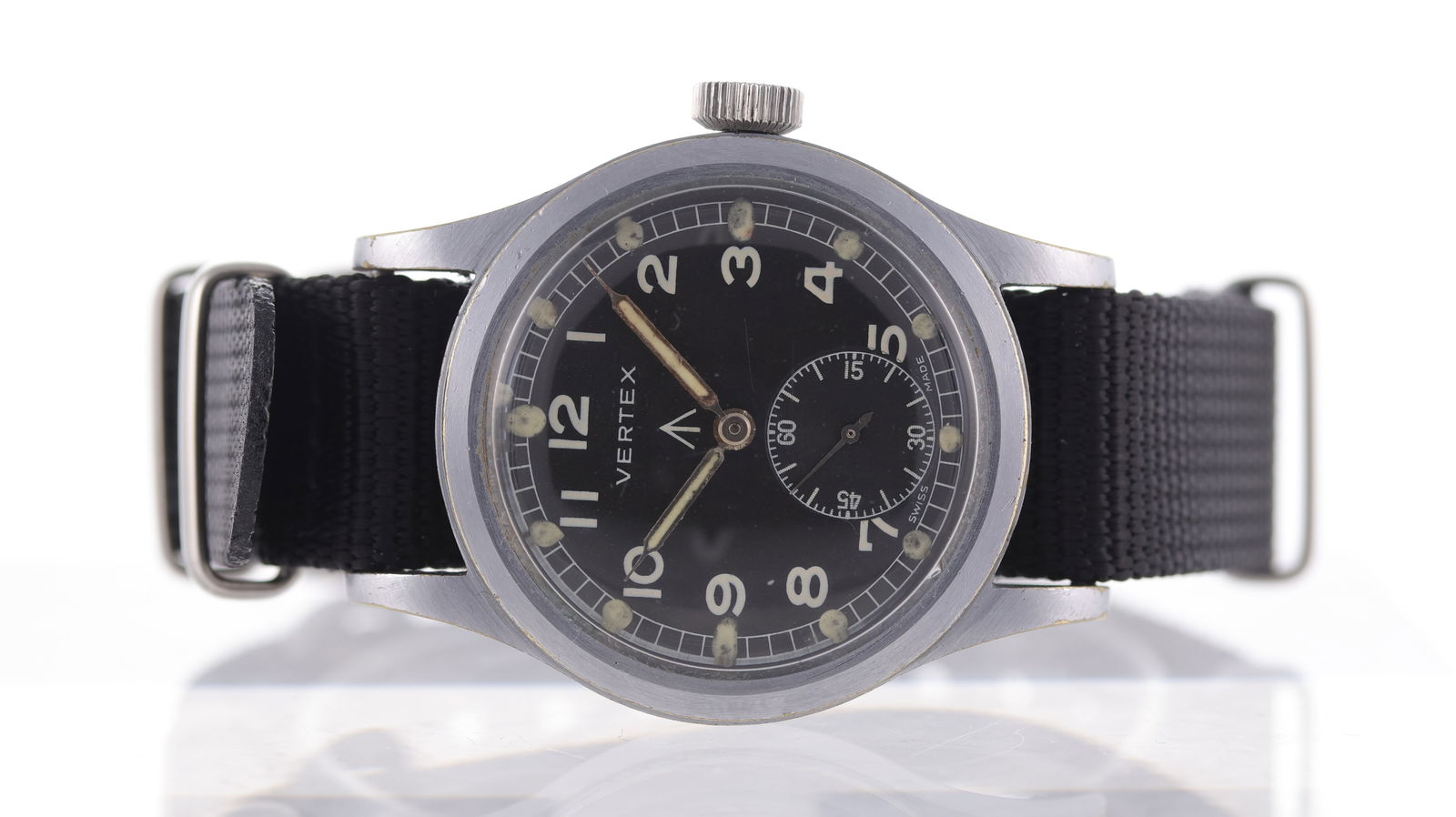 Vintage Vertex Dirty Dozen WWII Military Watch Matching Numbers Circa 1945: Brand: Vertex Model Name: Dirty Dozen Movement type: Manual Wind Movement calibre: Vertex 59 Year: Circa 1945 Dial shape: Circular Dial colour: Black Dial features: Original Vertex military dial with