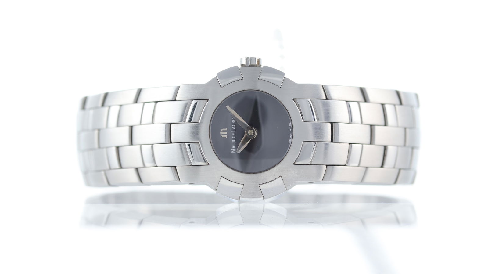 Ladies Maurice Lacroix Intuition Ref 59858: Brand: Maurice Lacroix Model Name: Intuition Reference: 59858 Movement type: Quartz Dial shape: Circular Dial colour: Black Dial features: Silver hands. Applied logo Case size: Approx 24mm