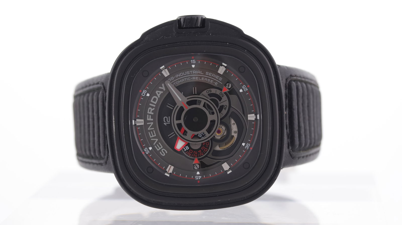 SEVENFRIDAY P3 Ref SF-P38: Brand: SEVENFRIDAY Model Name: P3 Reference: SF-P38 Movement type: Automatic Dial shape: Cushion Dial colour: Skeletonised Dial features: Baton hour markers, subsidiary seconds disc, minute