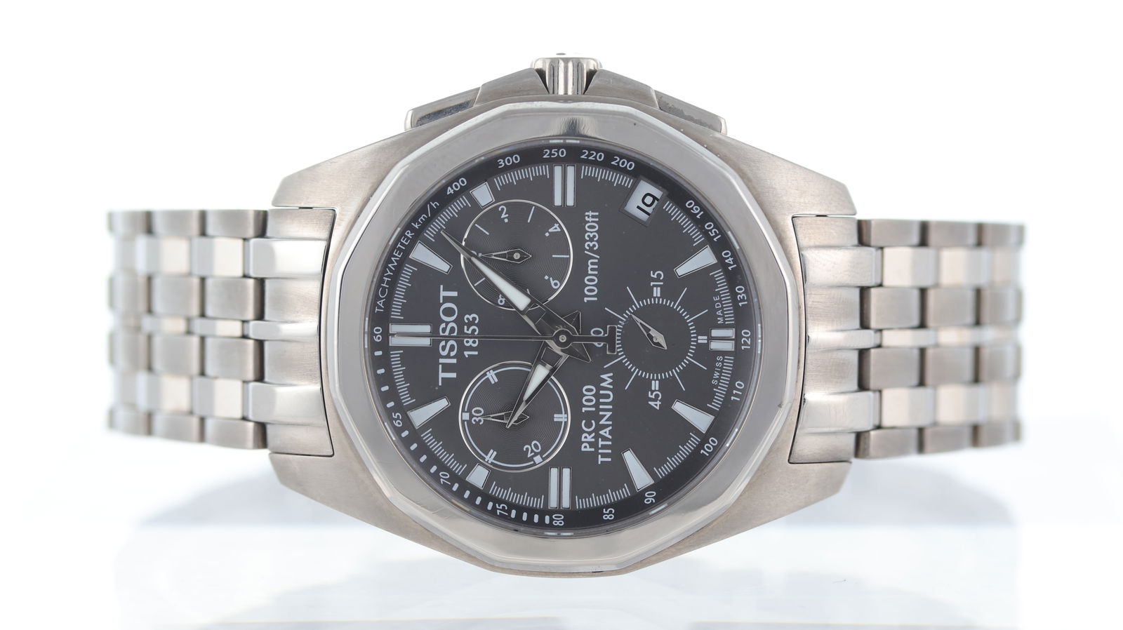 Tissot PR100 Ref T008417A: Brand: Tissot Model Name: PR100 Reference: T008417A Movement type: Quartz Dial shape: Circular Dial colour: Grey Dial features: Baton hour markers, three subsidiary dials, quickset date