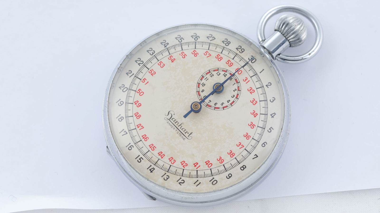 Hanhart Vintage Stopwatch: Brand: Hanhart Model Name: Stopwatch Movement type: Manual Wind Movement features: movement marked with HH mark Dial shape: Circular Dial colour: cream Dial features: inner and outer tracks in