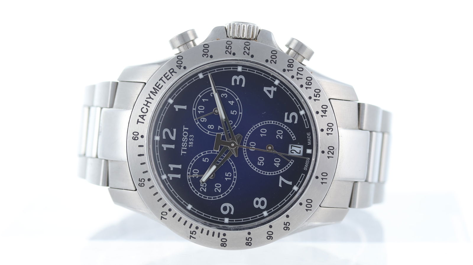 Tissot V8 Ref T106417A: Brand: Tissot Model Name: V8 Reference: T106417A Movement type: Quartz Dial shape: Circular Dial colour: Blue Dial features: Fume dial with Arabic numerals, three subsidiary dials, quickset