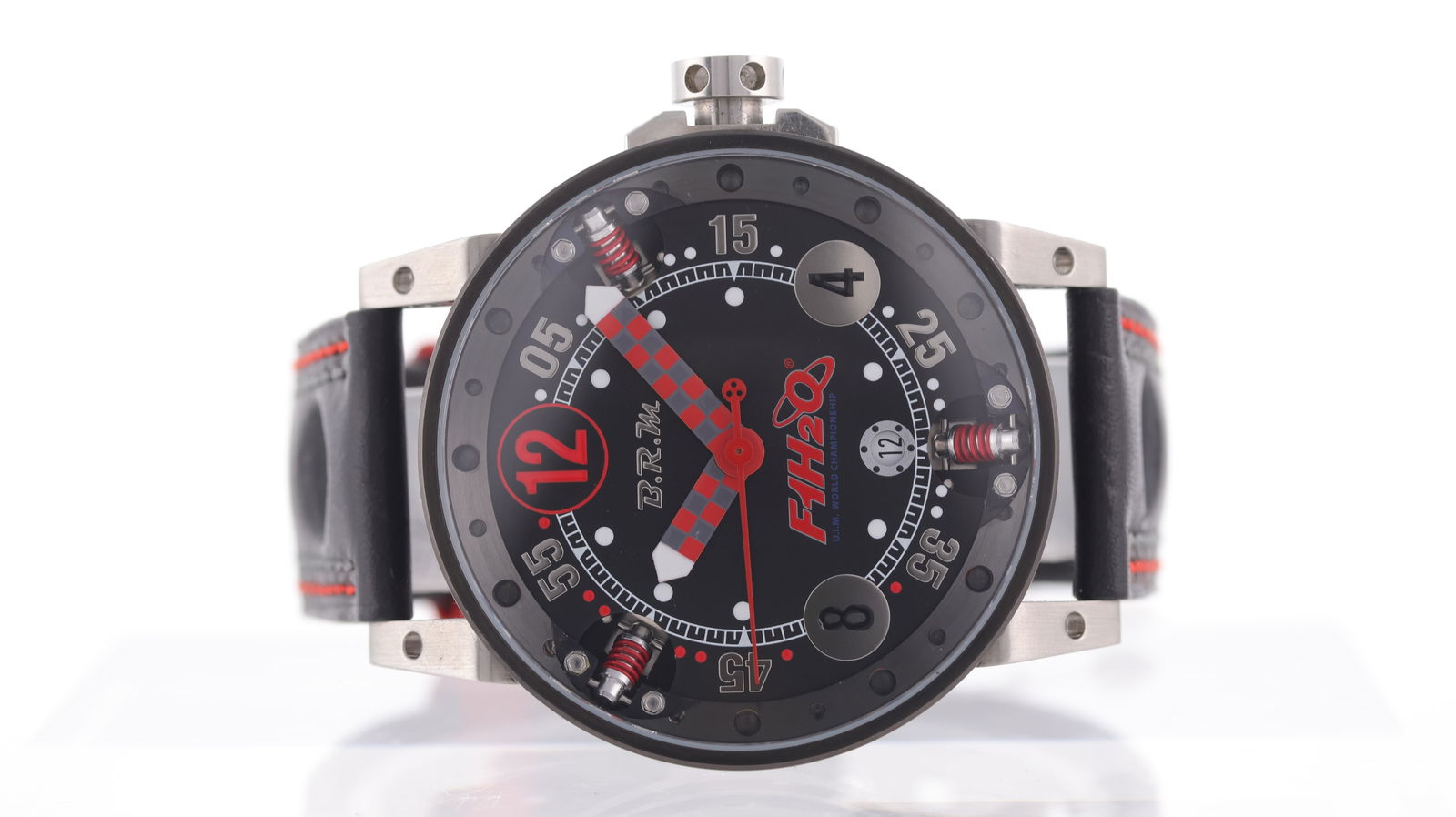 B.R.M. V6 Ref 272-R-12 Motorsport Design Watch: Brand: B.R.M. Model Name: V6 Reference: 272-R-12 Movement type: Automatic Movement calibre: ETA 2824-2 Dial shape: Circular Dial colour: Black Dial features: Arabic and baton numerals, red