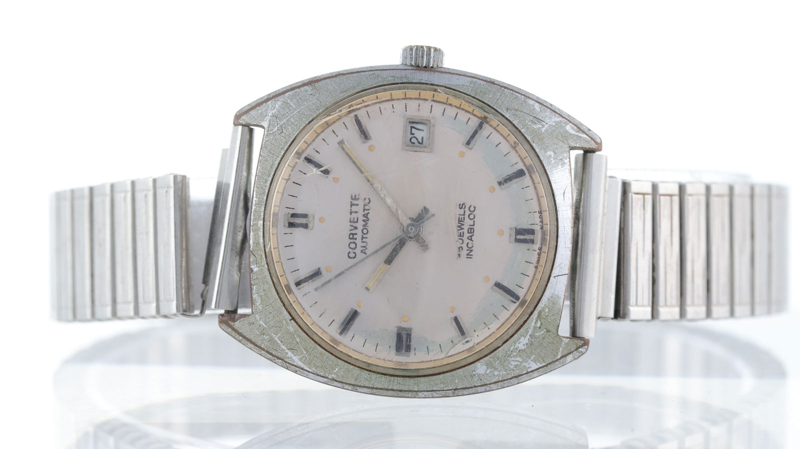 * NO RESERVE* Vintage Corvette Automatic Ref 6081-3: Brand: Corvette Model Name: Automatic Reference: 6081-3 Movement type: Automatic Dial shape: Circular Dial colour: Silver Dial features: Black baton hour markers Case size: 35mm Case