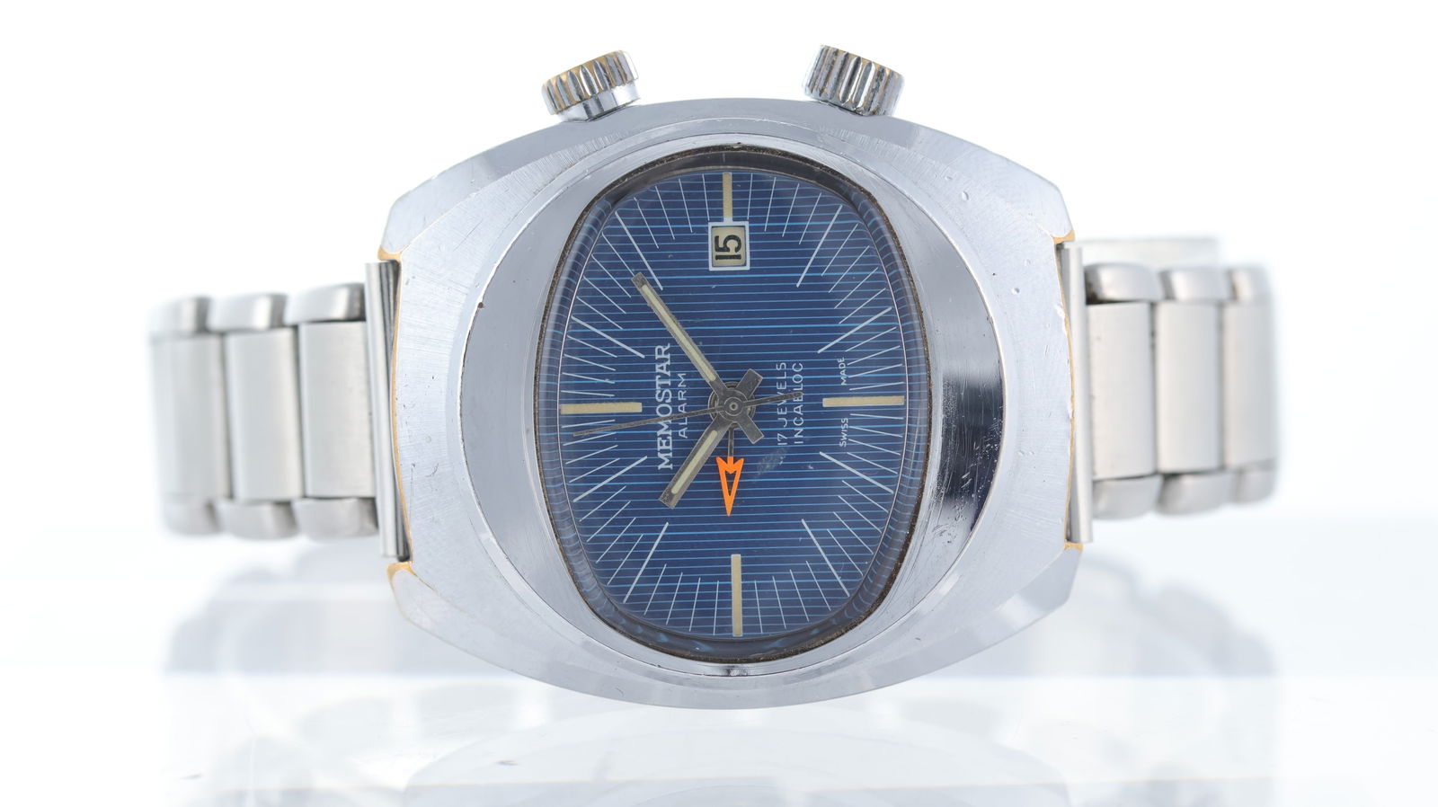Vintage Memostar Alarm Watch with Box and papers 1977: Vintage Memostar Alarm Watch with Box and papers 1977, oval blue dial with baton hour markers, orange alarm hand, date aperture at 3 o'clock, 36mm stainless steel case, manual wind, expandable b
