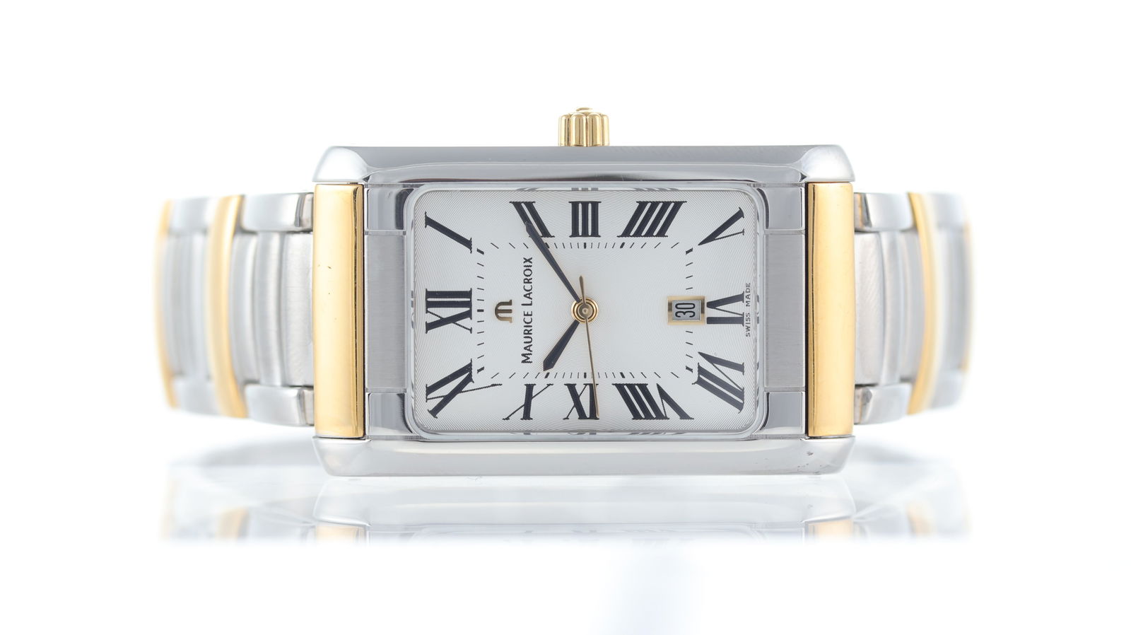 Maurice Lacroix Miros Ref 89746: Brand: Maurice Lacroix Model Name: Miros Reference: 89746 Movement type: Quartz Dial shape: Rectangular Dial colour: Silver Dial features: Sunburst dial with black roman numeral hour markers.