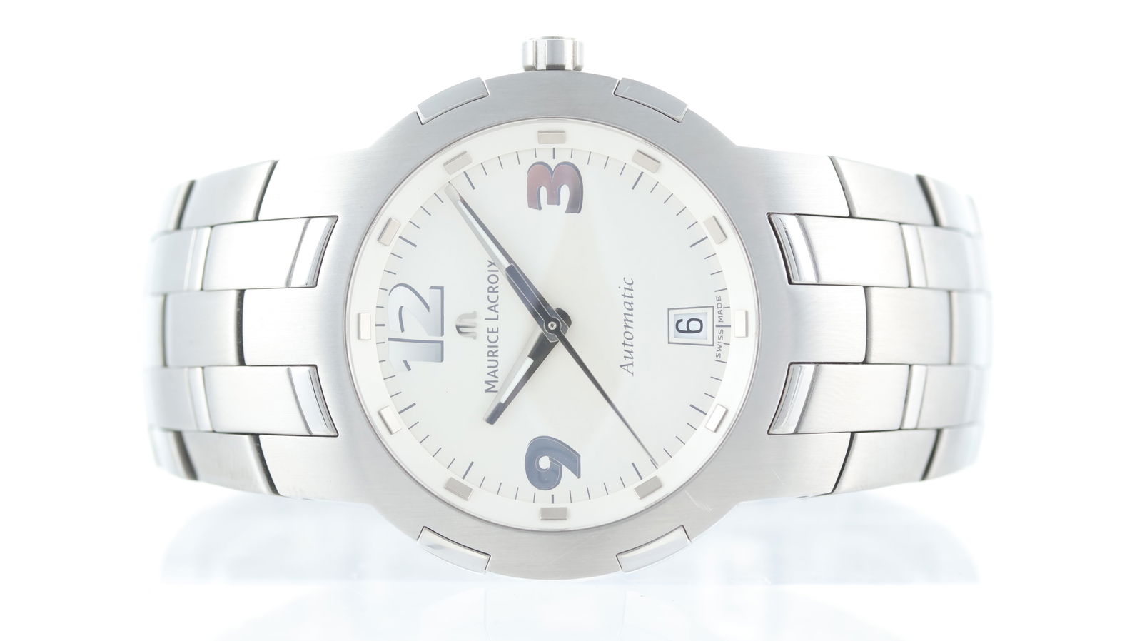 Maurice Lacroix Intuition Date Automatic: Brand: Maurice Lacroix Model Name: Intuition Reference: 32859 Movement: Automatic Dial shape: Circular Dial colour: Silver Dial features: Arabic numerals, quickset date aperture at 6 o'clock