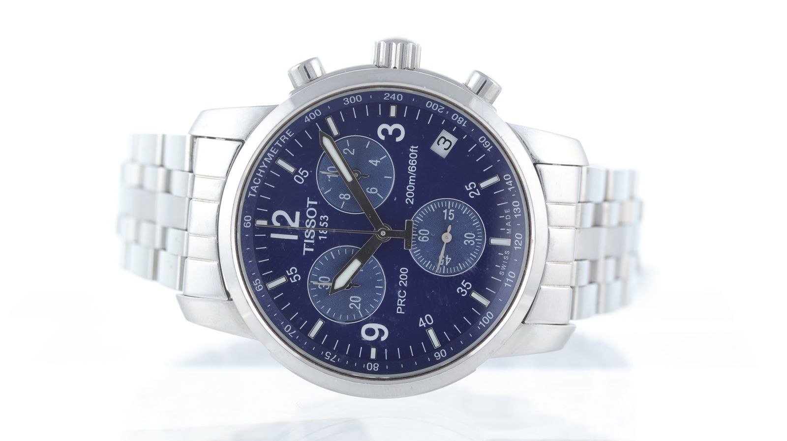 Tissot Prc Ref T461 200: Brand: Tissot Model Name: Prc 200 Movement type: Quartz Dial shape: Circular Dial colour: Blue Dial features: Sunburst blue sub dials. Quick set date aperture at 4 o'clock. Bezel: Smooth Case