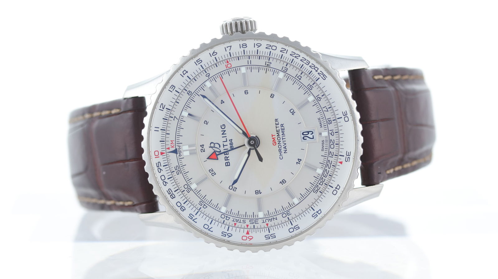 Breitling Navitimer GMT Ref A32310 with Box: Brand: Breitling Model Name: Navitimer GMT Reference: A32310 Movement type: Automatic Movement calibre: Breitling SW 330-2 Box: Full Box Dial shape: Circular Dial colour: Silver Dial features: Sunburs