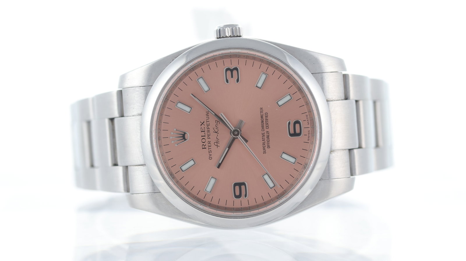 Rolex Air King Ref 114200 with Box Circa 2007/08: Brand: Rolex Model Name: Air King Reference: 114200 Movement type: Automatic Movement calibre: Rolex 3130 Year: Circa 2007/08 Box: inner box Dial shape: Circular Dial colour: Salmon Dial features: 'Ex