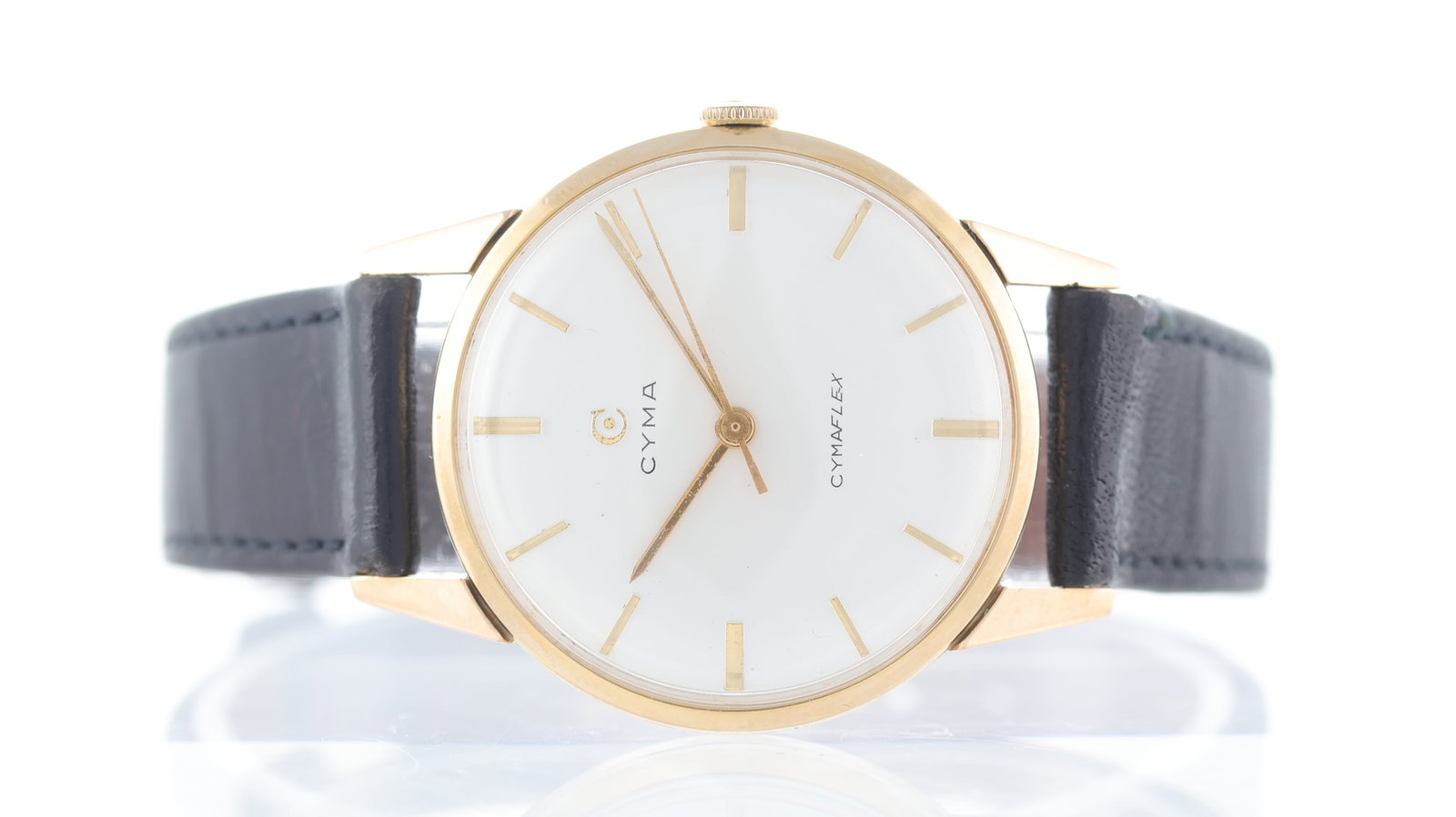 Vintage Cyma Cymaflex 9ct Gold with Box: Brand: Cyma Model Name: Cymaflex Movement type: Manual Wind Box features: Original Box Dial shape: Circular Dial colour: White Dial features: Baton hour markers, applied Cyma logo, centre seconds Beze