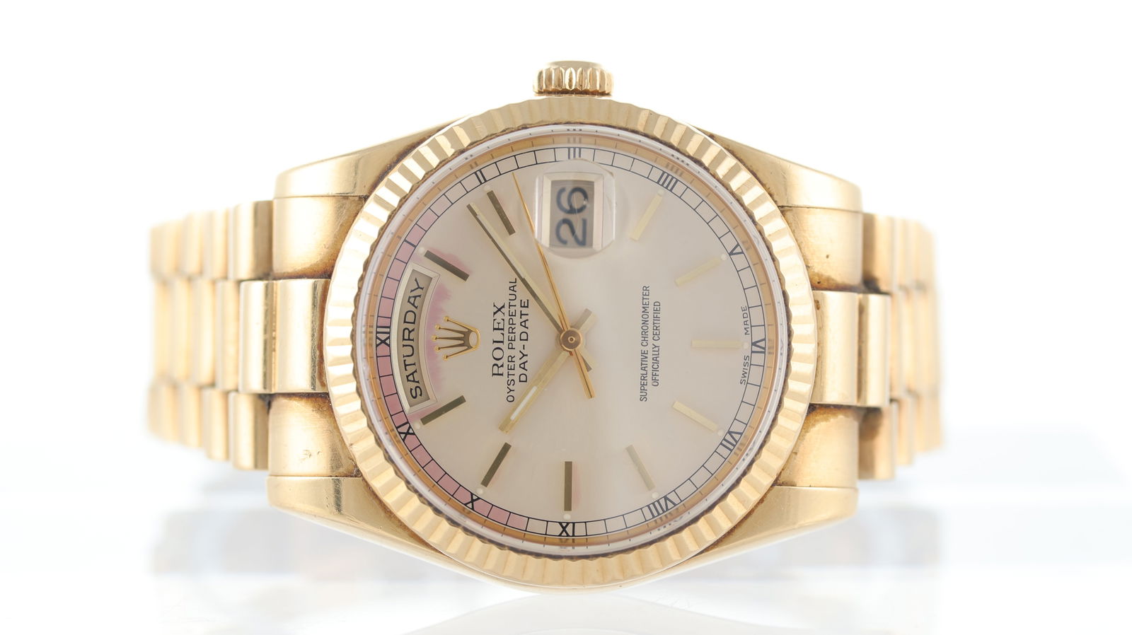 Rolex Day-Date 18ct yellow gold Ref 118238 'Sparkling Rose' Circa 2001: Brand: Rolex Model Name: Day-Date Reference: 118238 Movement type: Automatic Movement calibre: Rolex 3155 Year: Circa 2001 Dial shape: Circular Dial colour: Sparkling Rose Dial features: Baton hour ma