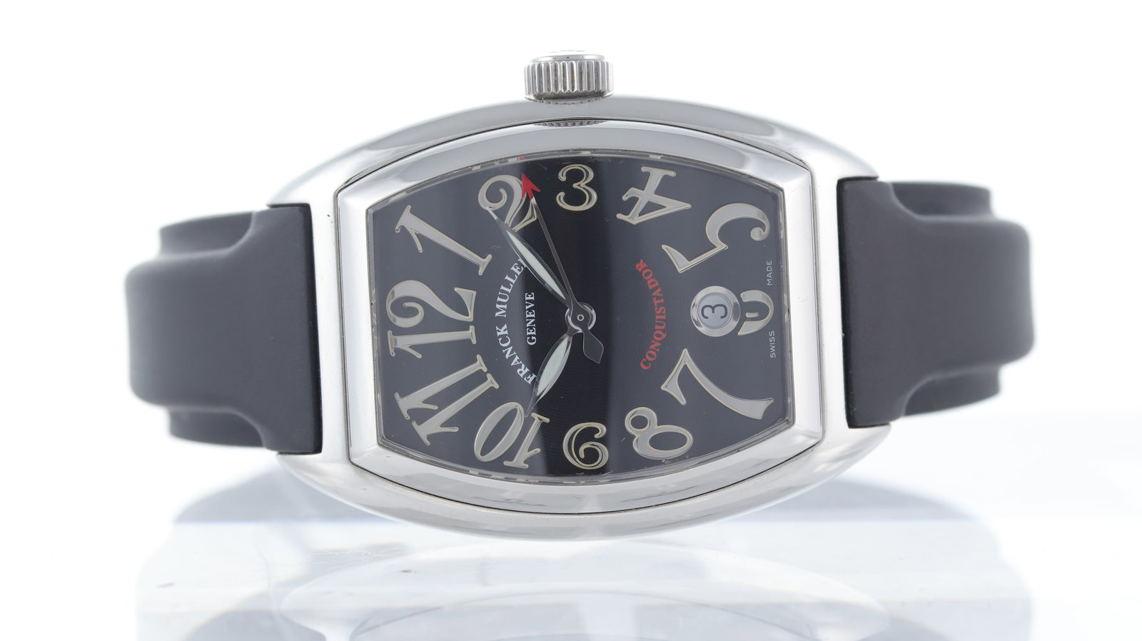 Franck Muller Conquistador Ref 8002 SC: Brand: Franck Muller Model Name: Conquistador Reference: 8002 SC Movement type: Automatic Movement calibre: Franck Muller 2800 Movement features: Platinum rotor Dial shape: Tonneau Dial colour: Black
