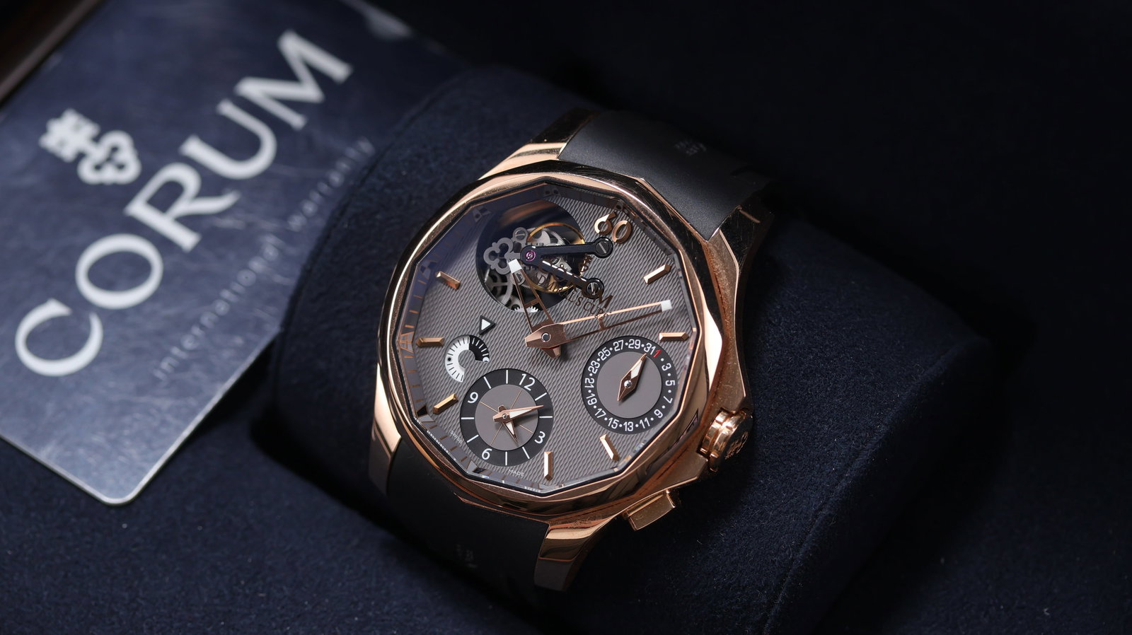 Corum Admiral's Cup Seafender 47 Tourbillon GMT 18ct Rose Gold with Box and Papers Circa 2011: Brand: Corum Model Name: Admiral's Cup Seafender 47 Tourbillon Reference: 397.101.55/0001 AK10 Movement type: Automatic Movement calibre: Corum CO397 Year: Circa 2011 Box: Full Box Papers: Guarantee C