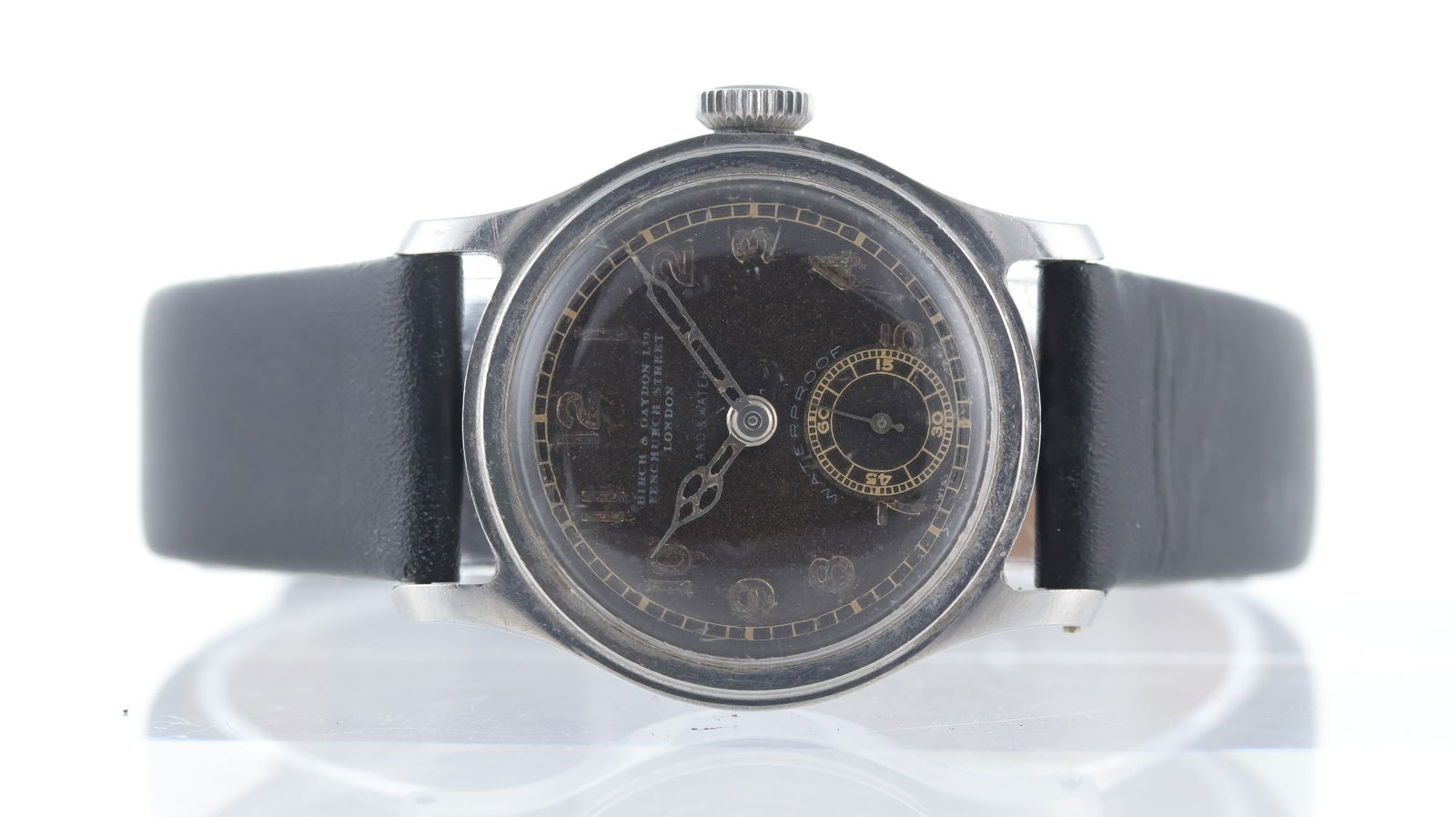 Rare Birch & Gaydon Zenith Land & Water Military Style Watch Circa 1918: Rare Birch & Gaydon Zenith Land & Water Military Style Watch Circa 1918, black patina dial with arabic numerals, cathedral hands, subsidiary seconds, 28mm stainless steel case, screw down case back, i