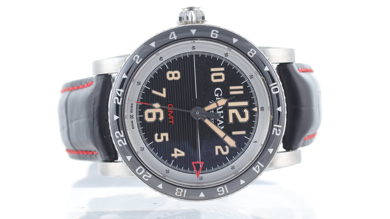 Graham Fortress GMT Ref GR21REF 01: Brand: Graham Model Name: Fortress GMT Reference: GR21REF 01 Movement type: Automatic Movement calibre: Sellita SW 200-1 Dial shape: Circular Dial colour: Black Dial features: Oversized fauxtina lume