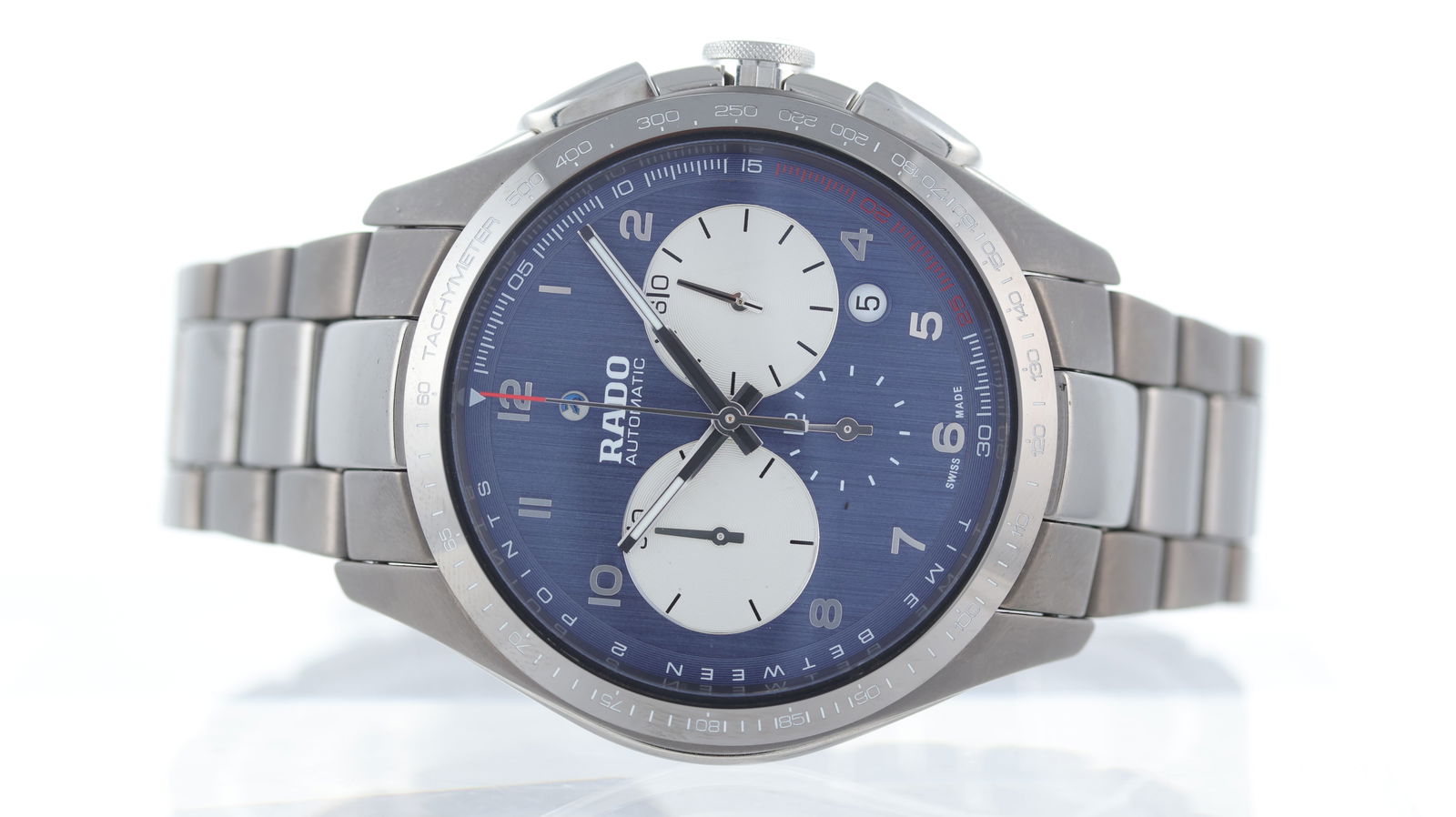 Limited Edition Rado Hyperchrome 'Match Point' Ref 650.0022.3.001 with Box: Brand: Rado Model Name: Hyperchrome Reference: 650.0022.3.001 Movement type: Automatic Box: Service Case Dial shape: Circular Dial colour: Blue Dial features: Brushed dial with applied arabic numerals