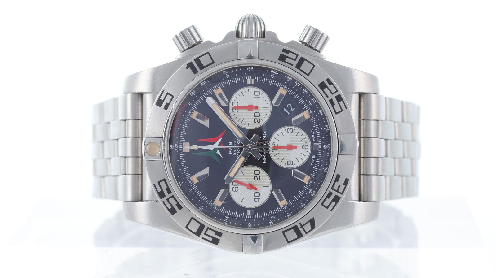 Breitling Limited edition P.A.N Frecce Tricolori Chronomat Ref AB0110: Brand: Breitling Model Name: Chronomat Reference: AB0110 Movement type: Automatic Dial shape: Circular Dial colour: Black Dial features: P.A.N emblem frecce tricolori, Silver/Lume hands with baton hou