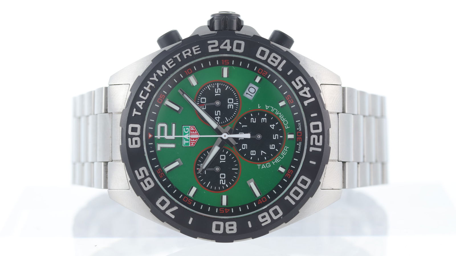 Tag Heuer Formula 1 Ref CAZ101AP: Brand: Tag Heuer Model Name: Formula 1 Reference: CAZ101AP Movement type: Quartz Movement calibre: Tag Heuer Ronda 5040.0 Dial shape: Circular Dial colour: Green Dial features: Silver/Lume hands and h