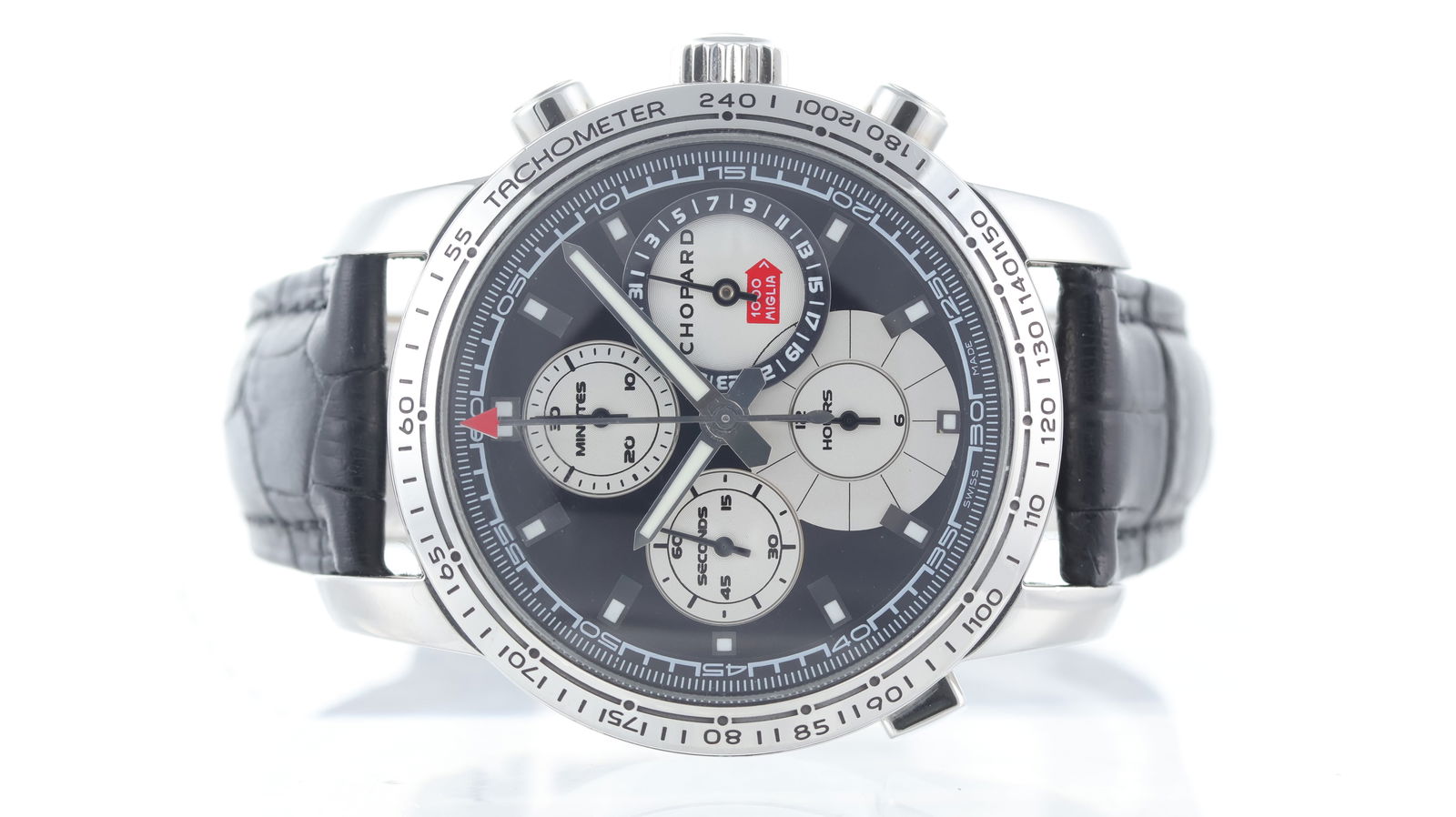 Chopard Limited Edition Mille Miglia Rattrapante Ref 8995: Brand: Chopard Model Name: Mille Miglia Reference: 8995 Movement type: Automatic Dial shape: Circular Dial colour: Black Dial features: 4 white sub dials, date, seconds, minutes and hours, two chronog