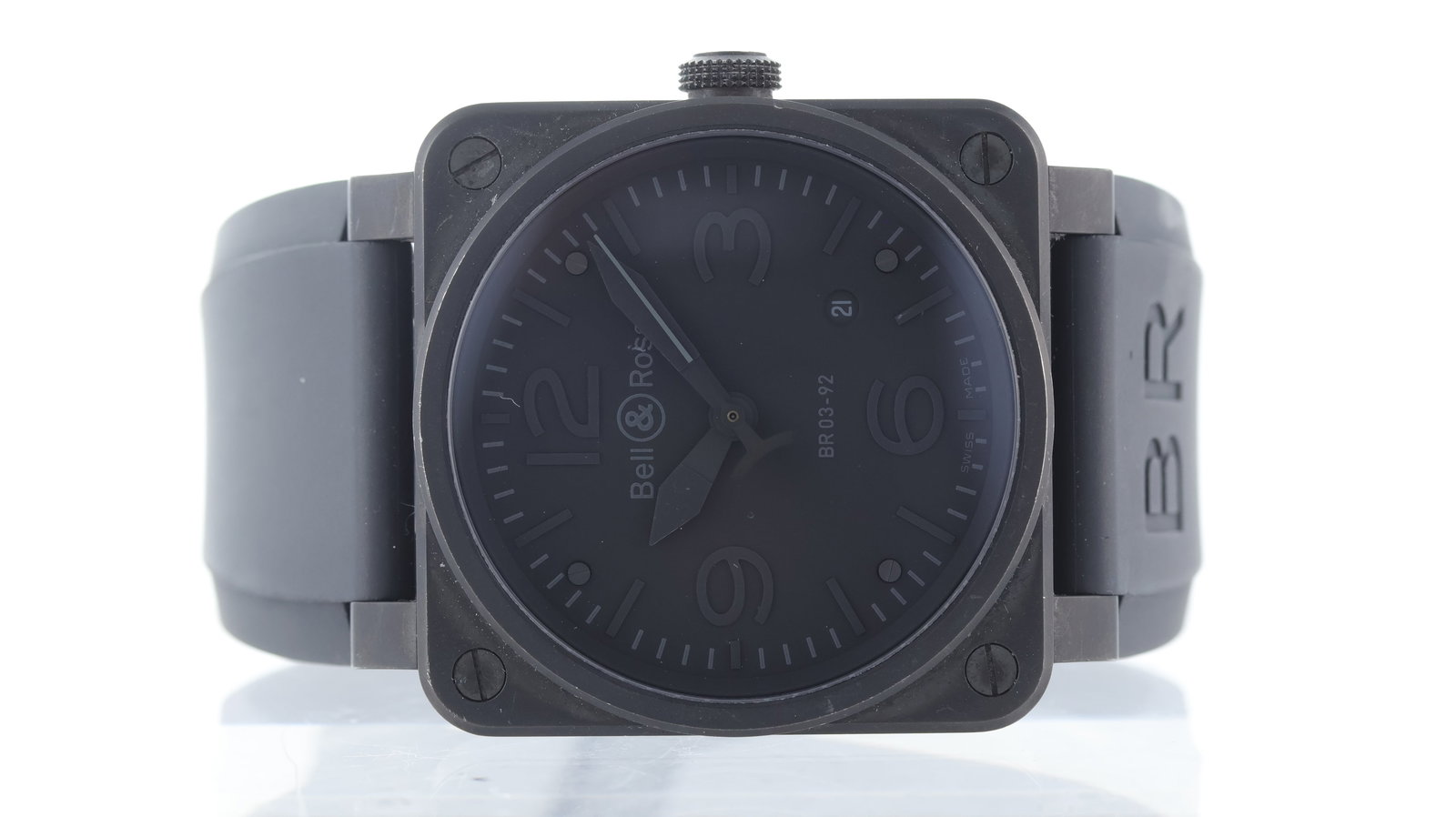 Bell & Ross BR03-92-S Phantom Automatic: Brand: Bell & Ross Model Name: BR03-92-S Phantom Reference: BR03-92-S Movement type: Automatic Dial shape: Circular Dial colour: Black Dial features: Screwed down dial. Printed hour markers. Quick set