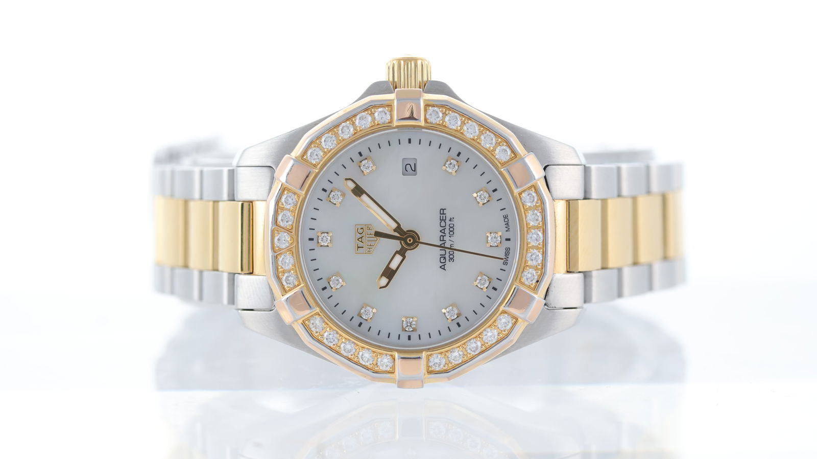 Ladies Tag Heuer Aquaracer Ref WBD1423: Brand: Tag Heuer Model Name: Aquaracer Reference: WBD1423 Movement type: Quartz Dial shape: Circular Dial colour: Mother of Pearl Dial features: Dot diamond hour markers. Quick set date aperture at 3