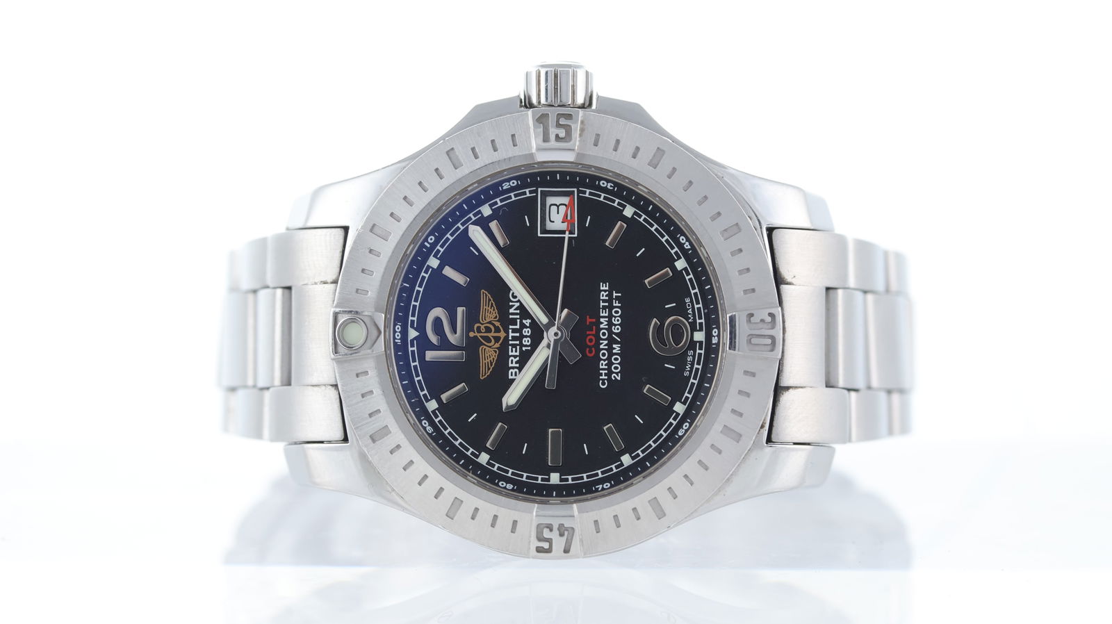 Breitling Colt Ref A77388: Brand: Breitling Model Name: Colt Reference: A77388 Movement type: Quartz Dial shape: Circular Dial colour: Black Dial features: Lume/silver hands and baton hour markers. Quickset date aperture at 3 o