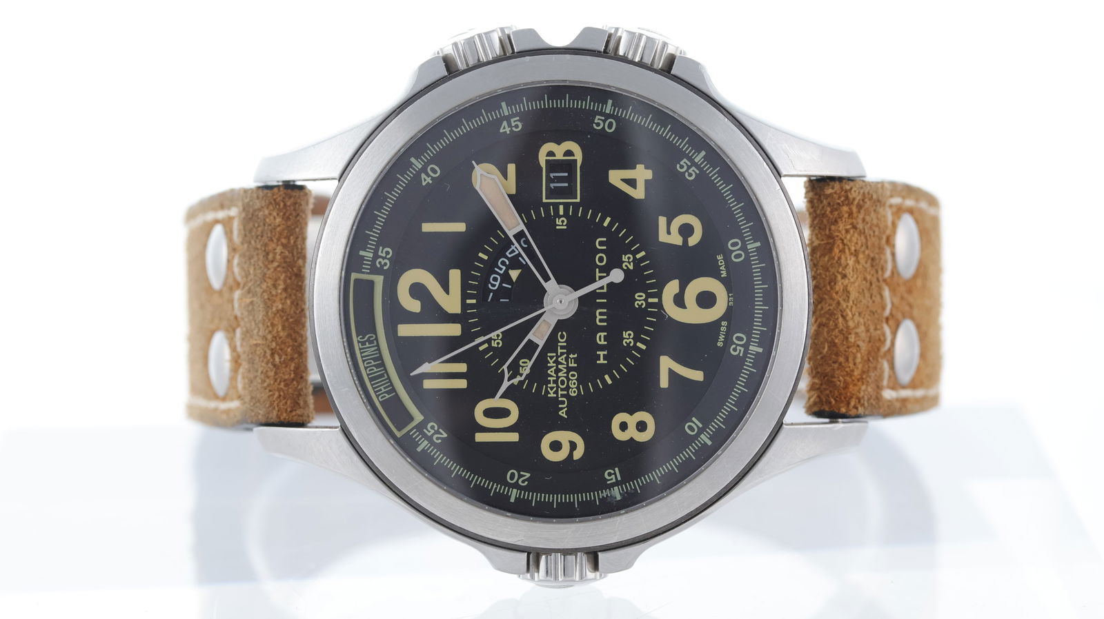 Hamilton Khaki GMT - Harrsion Ford Special Edition Conservation Ref H775650: Brand: Hamilton Model Name: Khaki GMT - Conservation Reference: H775650 Movement type: Automatic Dial shape: Circular Dial colour: Slate Grey Dial features: Arabic numerals, lume hands, date aperture,