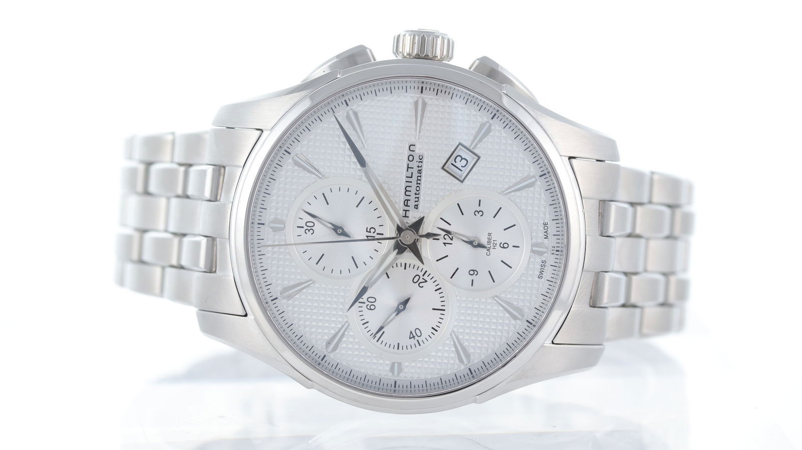 Hamilton Jazzmaster Automatic Ref H325961: Brand: Hamilton Model Name: Jazzmaster Reference: H325961 Movement type: Automatic Movement calibre: Hamilton H21 Dial shape: Circular Dial colour: Silver Dial features: textured dial. silver hands