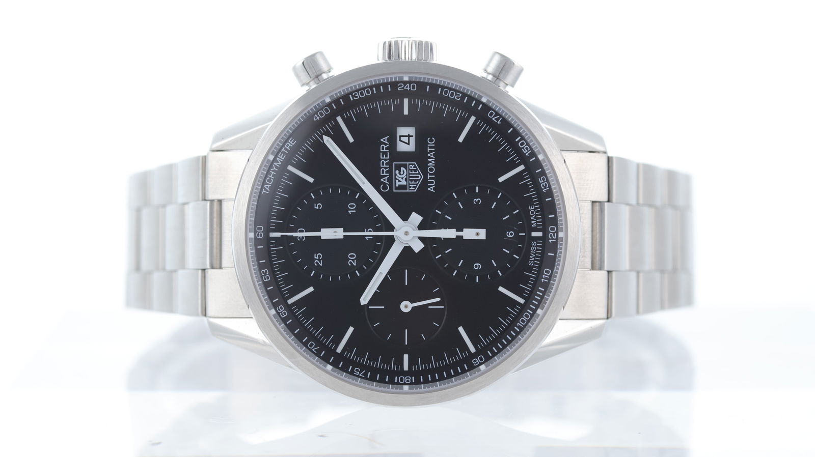 Tag Heuer Carrera Chronograph Ref CAR2210: Brand: Tag Heuer Model Name: Carrera Reference: CAR2210 Movement type: Automatic Dial shape: Circular Dial colour: Black Dial features: White baton hour markers. outer tachymetere reading. Quick set d