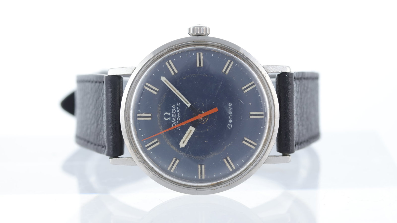 Vintage Omega Geneve Circa 1970's: Brand: Omega Model Name: Geneve Movement type: Automatic Year: Circa 1970's Dial shape: Circular Dial colour: Blue Dial features: Baton hour markers with a black insert. Case size: 34mm Case material: