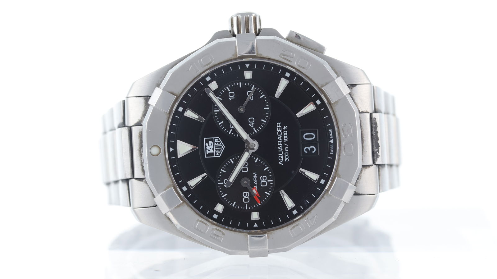 Tag Heuer Aquaracer Alarm Ref WAY111Z with Papers circa 2017: Brand: Tag Heuer Model Name: Aquaracer Alarm Reference: WAY111Z Movement type: Quartz Year: circa 2017 Papers: Guarantee Card Papers features: dated 17 , unable to match Dial colour: Black Dial featur