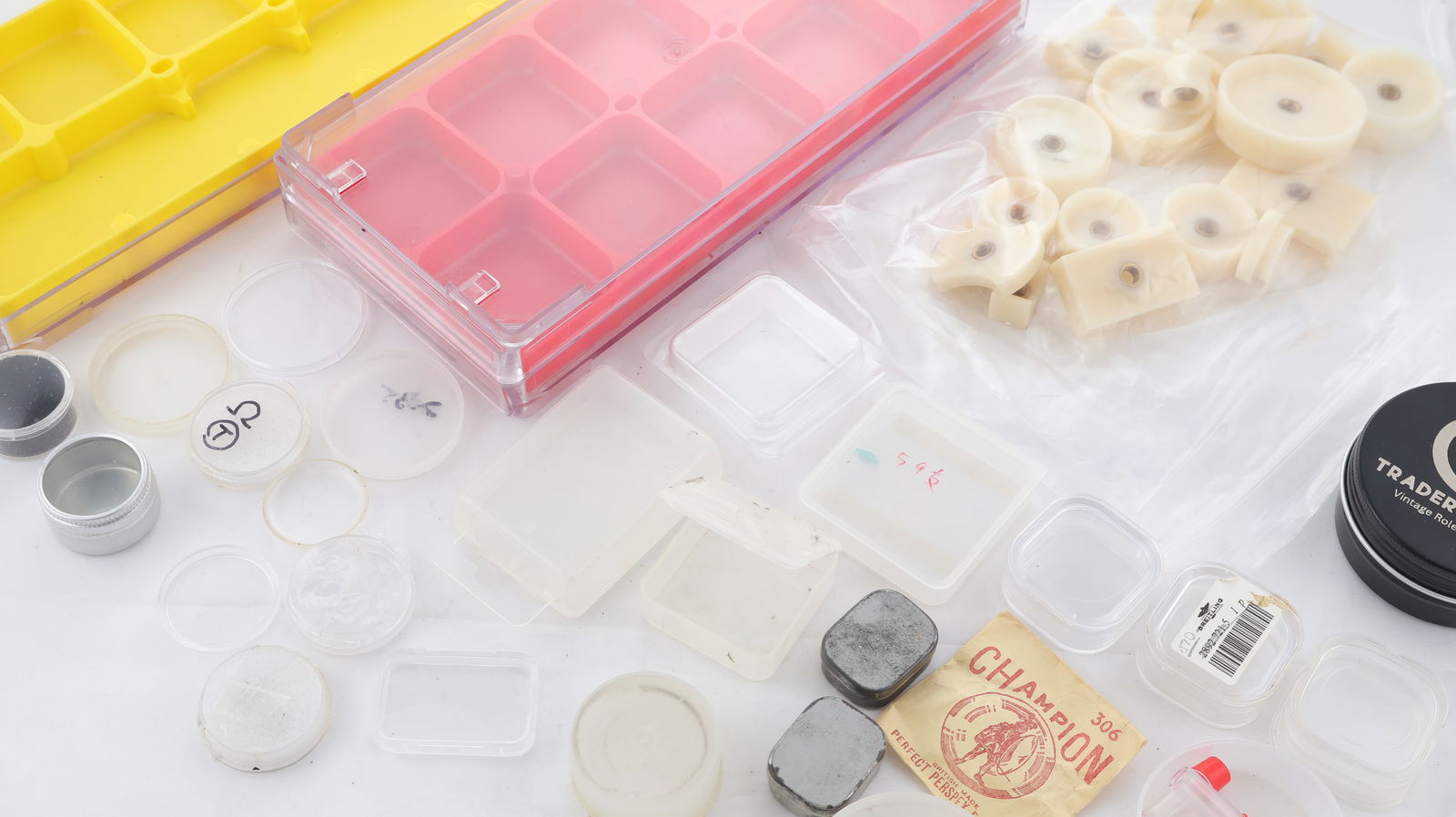 Assorted Job Lot of Watchmaker Trays, Containers & Case Back Tools: Assorted Job Lot of Watchmaker Trays, Containers & Case Back Tools