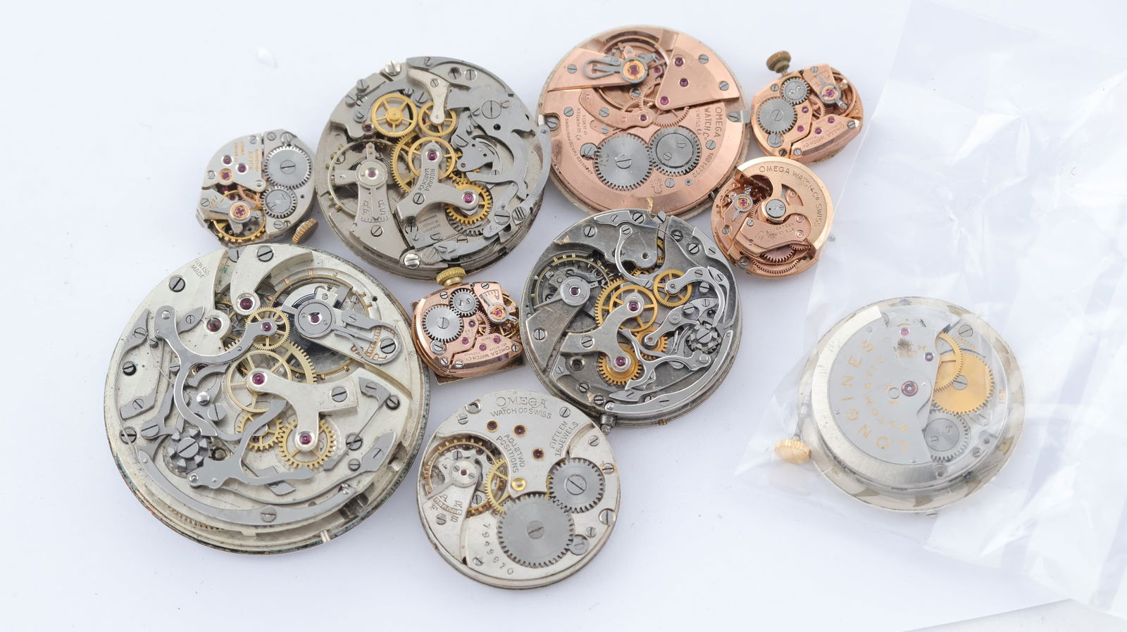 *NO RESERVE* A SELECTION OF WATCH MOVEMENTS INCLUDING; Ladies Rolex Precision movment and Dial, 3x: *NO RESERVE* A SELECTION OF WATCH MOVEMENTS INCLUDING; Ladies Rolex Precision movment and Dial, 3x Omega ladies (2x C.484 / 1x C.455 auto), 2x Omega gents C.600 + trench watch, 1x Longines auto C.291)