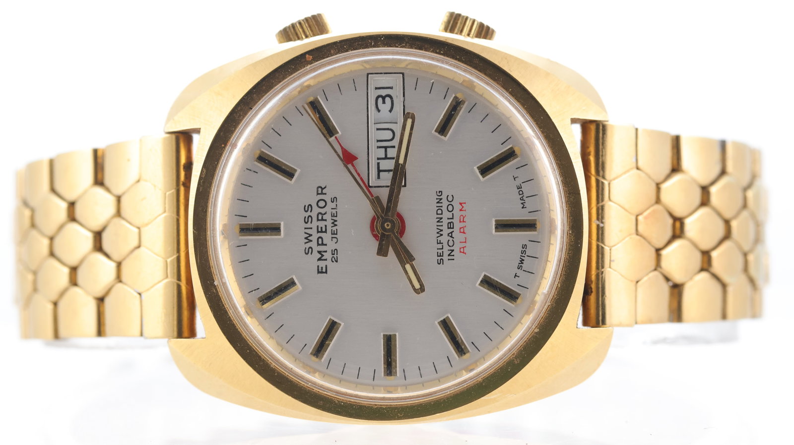 Swiss Emperor Incabloc Alarm Automatic Ref 2763: Brand: Swiss Emperor Model Name: Incabloc Reference: 2763 Movement type: Automatic Dial shape: Circular Dial colour: Silver Dial features: Baton hour markers, quickset day and