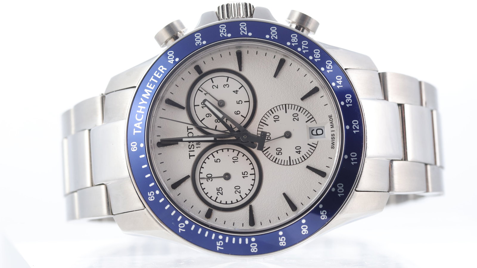 Tissot V8 Ref T106417A: Brand: Tissot Model Name: V8 Reference: T106417A Movement type: Quartz Dial shape: Circular Dial colour: White Dial features: dagger hour markers, three subsidiary dials, quickset date at 6 o'clock