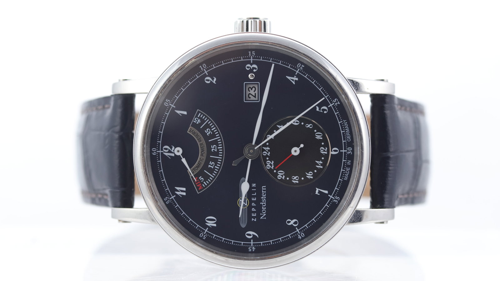 Zeppelin Nordstern Power Reserve Automatic Ref 7560-3: Brand: Zeppelin Model Name: Nordstern Reference: 7560-3 Movement type: Automatic Movement calibre: Zeppelin 9132 Dial shape: Circular Dial colour: Dark blue Dial features: Power reserve indicator.