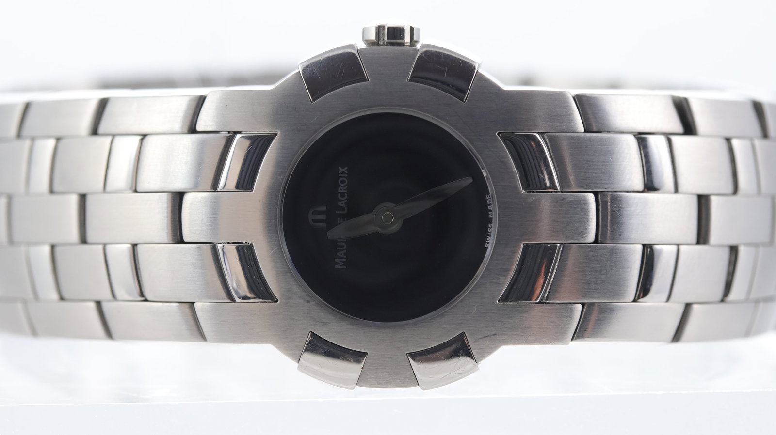Ladies Maurice Lacroix Intuition Quartz Ref 59858: Brand: Maurice Lacroix Model Name: Intuition Reference: 59858 Movement type: Quartz Dial shape: Circular Dial colour: Black Dial features: Silver hands. Case size: 24mm Case material: Stainless steel
