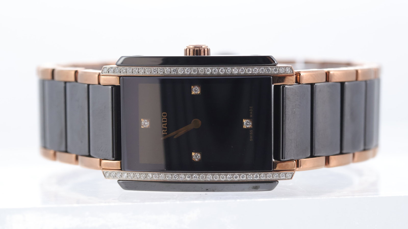 Rado Integral Ref 153.0228.3: Brand: Rado Model Name: Integral Reference: 153.0228.3 Movement type: Quartz Dial shape: Rectangular Dial colour: Black Dial features: Rose hands with diamond hour markers. Date aperture. Case size: