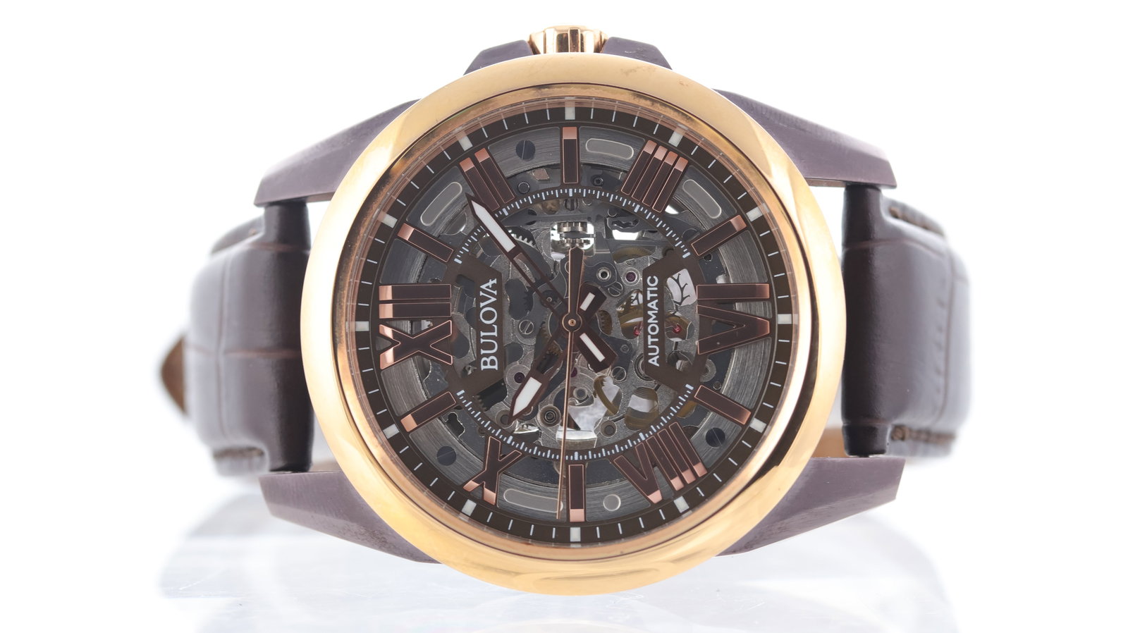 Bulova Sutton Skeleton Automatic Ref 98A165: Brand: Bulova Model Name: Sutton Reference: 98A165 Movement type: Automatic Movement calibre: Bulova Miyota 8N24 Dial shape: Circular Dial colour: Skeleton Dial features: Rose hands and roman numeral