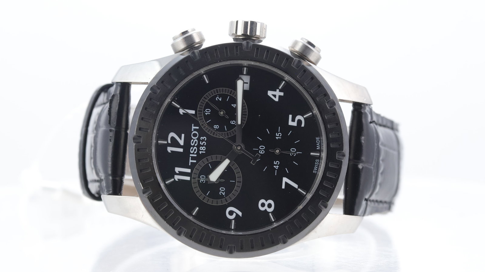 Tissot V8 Ref T039417: Brand: Tissot Model Name: V8 Reference: T039417 Movement type: Quartz Dial shape: Circular Dial colour: Black Dial features: Arabic numerals, three subsidiary dials, quickset d