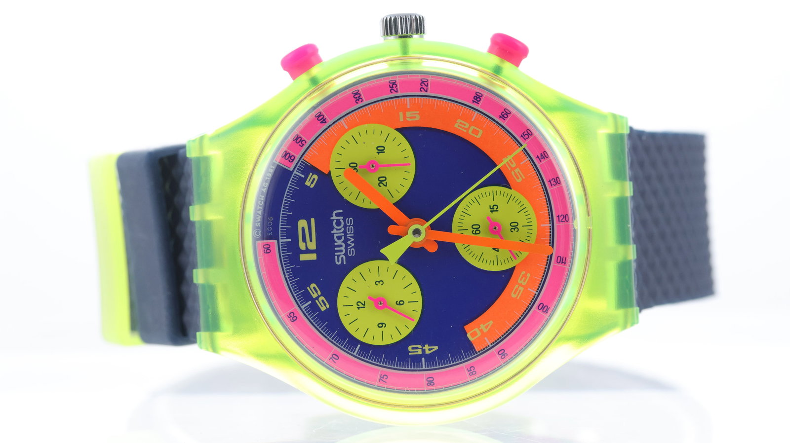 *To Be Sold Without Reserve* Swatch 'Grand Prix' Ref SCJ 101 with Box and Papers 1992: Brand: Swatch Model Name: 'Grand Prix' Reference: SCJ 101 Movement type: Quartz Year: 1992 Box: Full Box Papers: Full Set Papers Dial shape: Circular Dial colour: Multi-coloured Dial features: Bright
