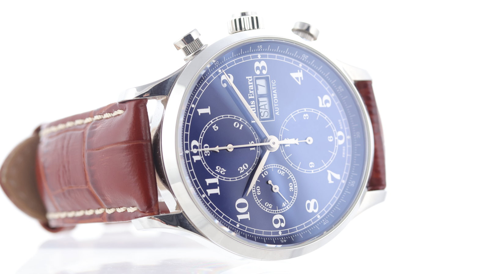 Louis Erard 1931 Chronograph Automatic Ref 225 with Box and Papers 2020: Brand: Louis Erard Model Name: 1931 Reference: 225 Movement type: Automatic Year: 2020 Box: Full Box Papers: Full Set Papers Dial shape: Circular Dial colour: Blue Dial features: Silver arabic