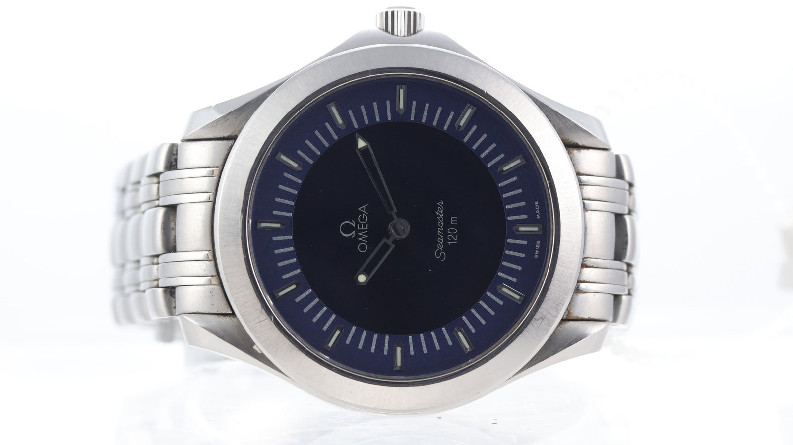 Omega Seamaster 120 Analogue/Digital Circa 1998: Brand: Omega Model Name: Seamaster 120 Movement type: Automatic Year: Circa 1998 Dial shape: Circular Dial colour: Blue Dial features: Analogue/digital dial Bezel: Smooth Case size: Approx 40mm Case m