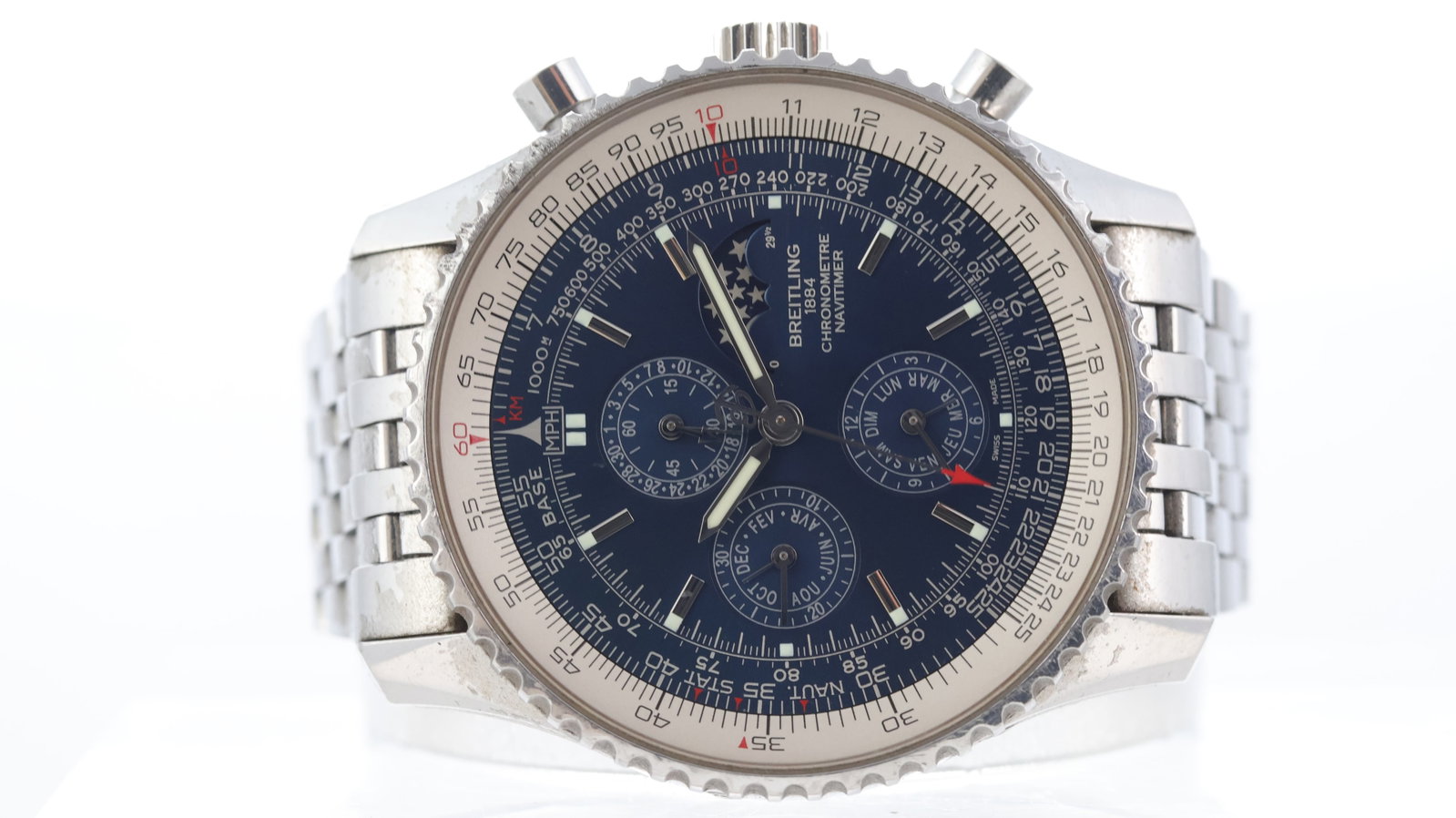 Breitling Navitimer 1461 Semi-Perpetual Calendar Ref A19370: Brand: Breitling Model Name: Navitimer 1461 Reference: A19370 Movement type: Automatic Dial shape: Circular Dial colour: Blue Dial features: Baton hour markers, three subsidiary dial, moonphase and an