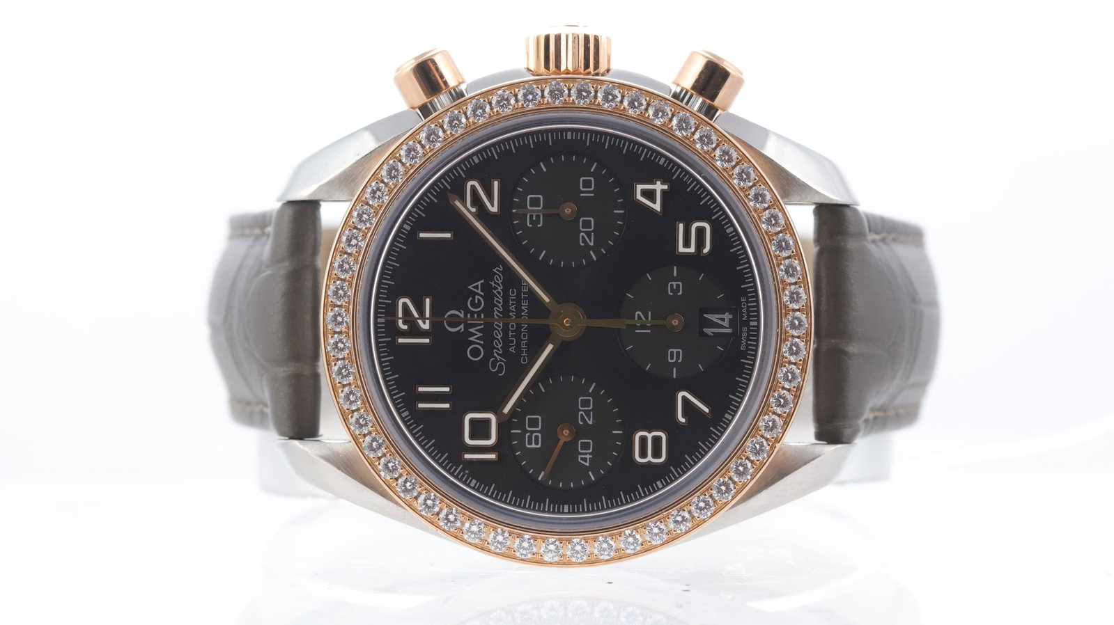 Omega Speedmaster 38 Diamond Bezel Ref 324.28.38.40.06.001: Brand: Omega Model Name: Speedmaster 38 Reference: 324.28.38.40.06.001 Movement type: Automatic Movement calibre: Omega 3304 Dial shape: Circular Dial colour: Grey Dial features: Applied arabic numera