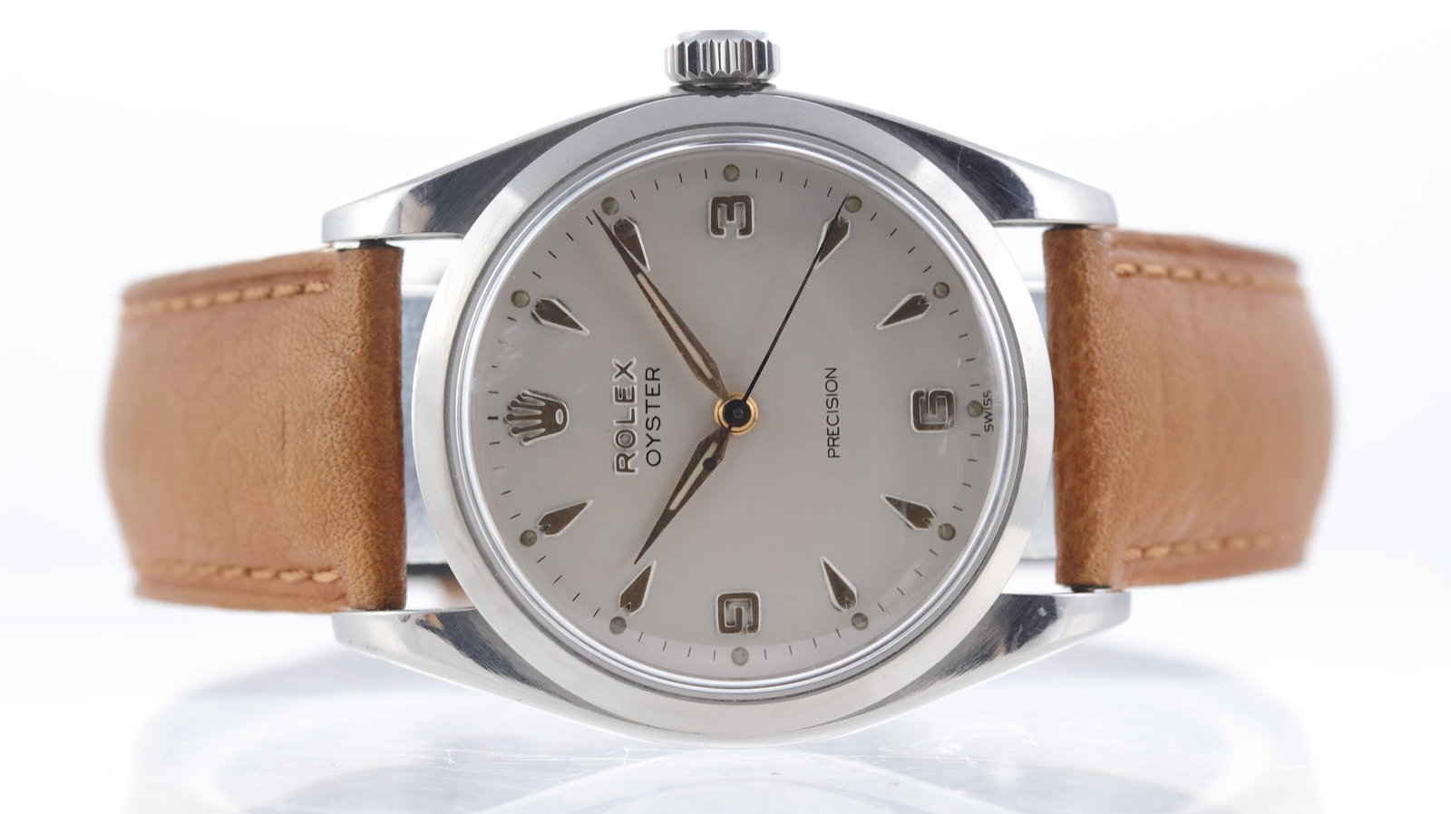 Vintage Rolex Oyster Precision Explorer Dial Ref 6422 Circa 1958: Brand: Rolex Model Name: Oyster Precision Explorer Dial Reference: 6422 Movement type: Manual Wind Movement calibre: Rolex 1210 Year: Circa 1958 Dial shape: Circular Dial colour: Silver Dial features: